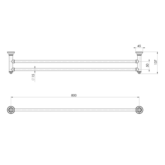 Technical Drawing Phoenix Cromford Double Towel Rail 800mm - Brushed Bronze 134-8130-24 - The Blue Space
