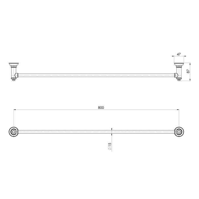 Technical Drawing Phoenix Cromford Single Towel Rail 800mm - Brushed Bronze 134-8030-24 - The Blue Space