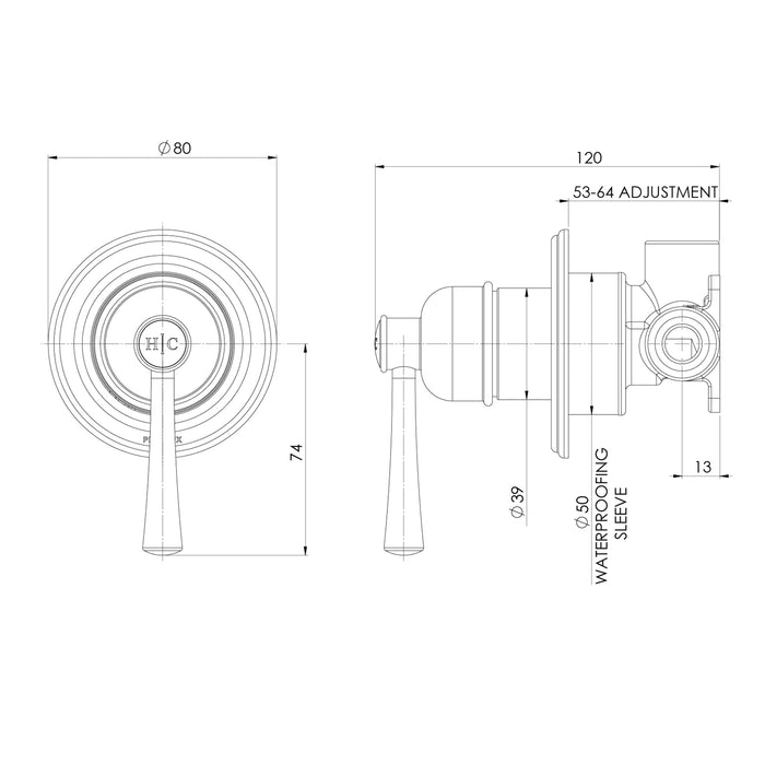 Technical Drawing Phoenix Cromford Switchmix Shower Wall Mixer Complete Kit - Brushed Bronze 134-2800-24-1 - The Blue Space