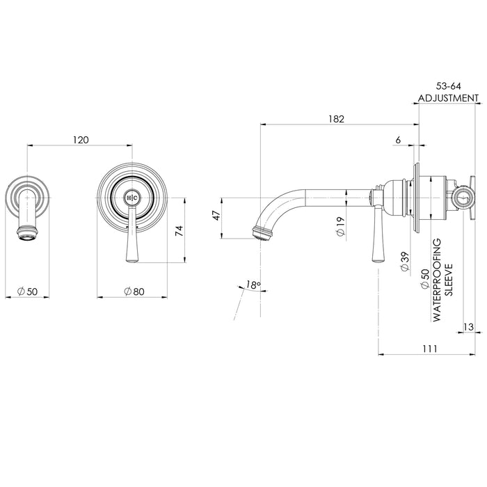 Technical Drawing Phoenix Cromford Switchmix Wall Basin Bath Mixer Set Complete Kit - Brushed Bronze 134-2810-24-1 - The Blue Space