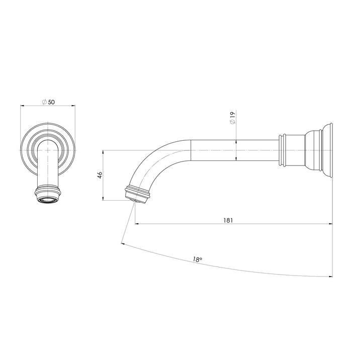 Technical Drawing Phoenix Cromford Wall Basin Bath Outlet - Brushed Bronze 134-7610-24-1 - The Blue Space