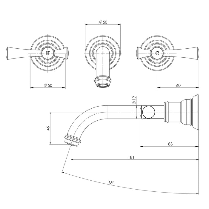 Technical Drawing Phoenix Cromford Wall Basin Bath Tap Set - Brushed Bronze 134-1126-24-1 - The Blue Space