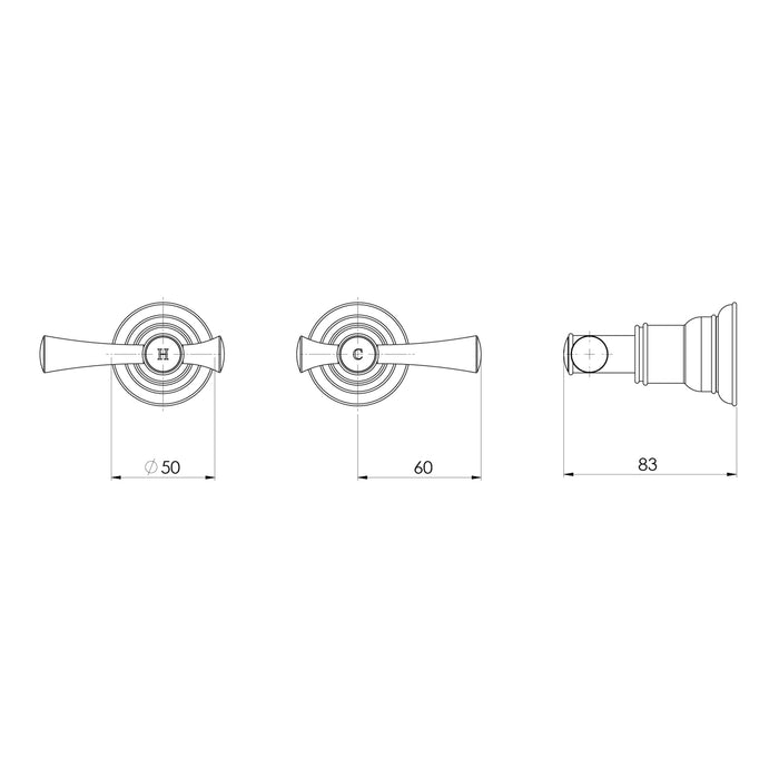 Technical Drawing Phoenix Cromford Wall Top Assemblies 15mm Extended Spindles - Brushed Bronze 134-0670-24-1 - The Blue Space
