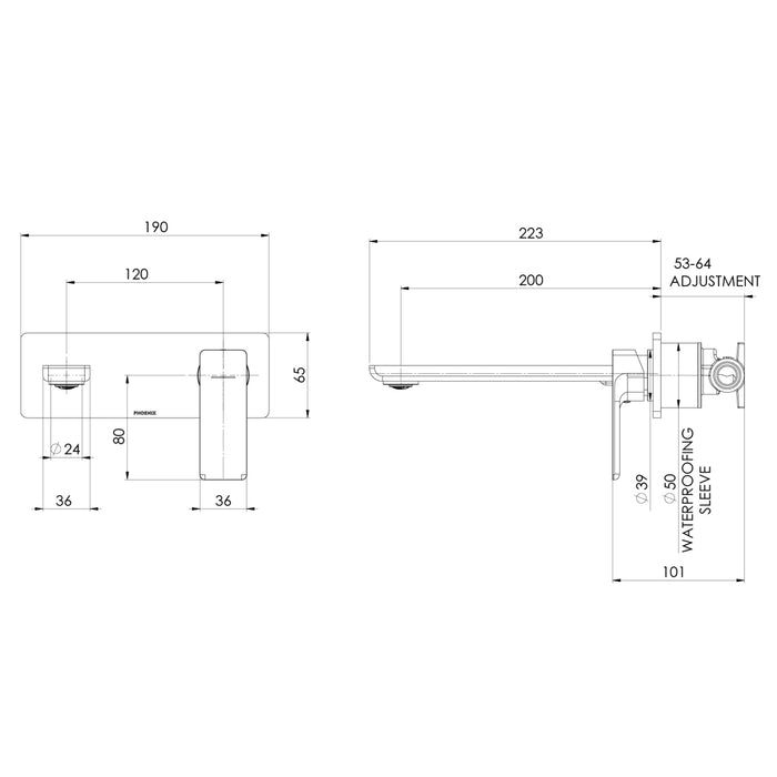 Technical Drawing Phoenix Gloss MKII SwitchMix Wall Basin / Bath Mixer Set 200mm Brushed Carbon (Complete Kit) 135-2810-31-1-KIT - The Blue Space
