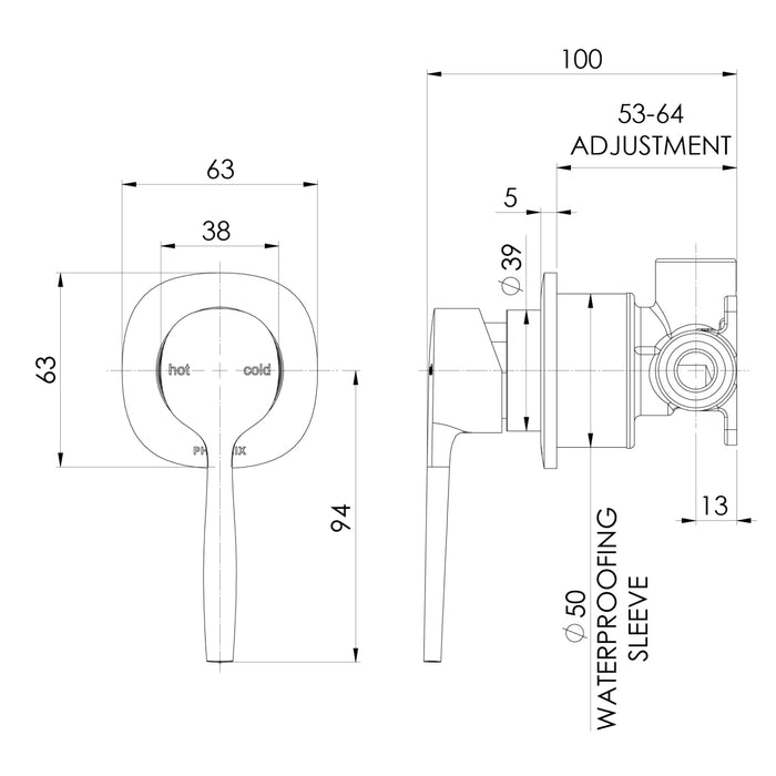 Technical Drawing Phoenix Switchmix Shower Wall Mixer Fit Off Kit Only - Brushed Nickel 139-2805-40-1 - The Blue Space