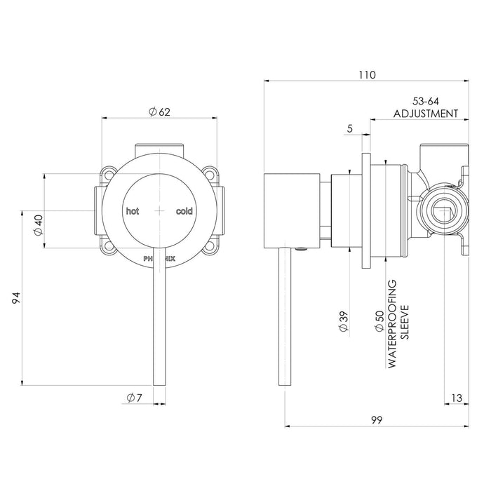 Technical Drawing Phoenix Vivid Slimline SwitchMix Shower / Wall Mixer 60mm Backplate Chrome (Fit-Off Kit Only) VS2807-00-1 - The Blue Space