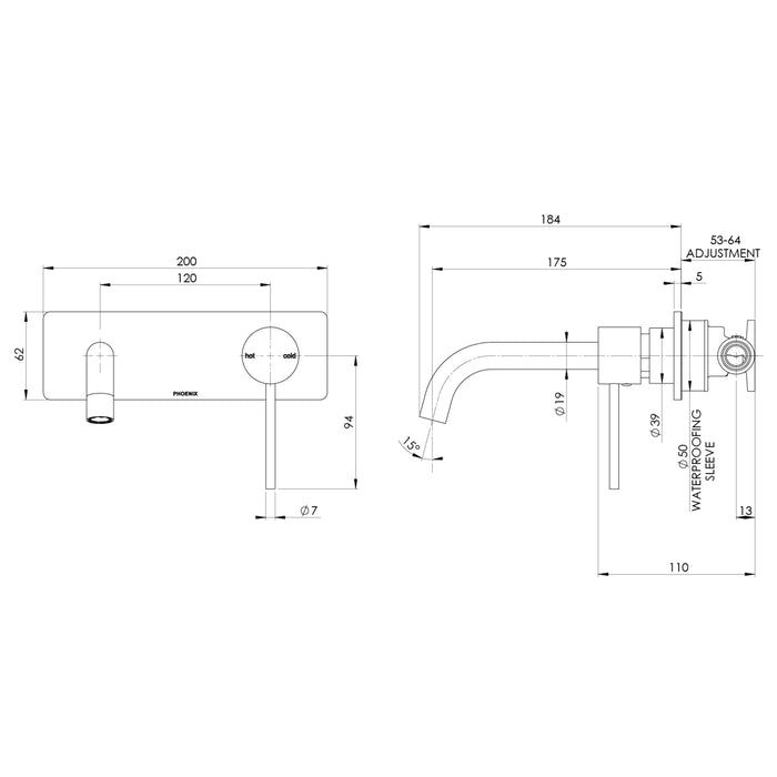 Technical Drawing Phoenix Vivid Slimline SwitchMix Wall Basin / Bath Mixer Set 180mm Brushed Nickel (Fit-Off Kit Only) VS2812-40-1 - The Blue Space