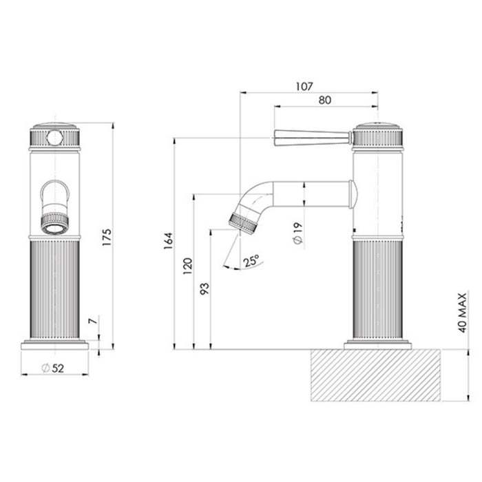 Technical Drawing Phoenix Wiltern Basin Mixer - Brushed Carbon 144-7700-31-1 - The Blue Space