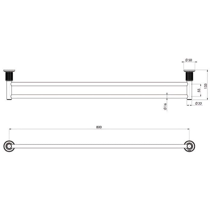 Technical Drawing Phoenix Wiltern Double Towel Rail 800mm Chrome 144-8130-00 - The Blue Space