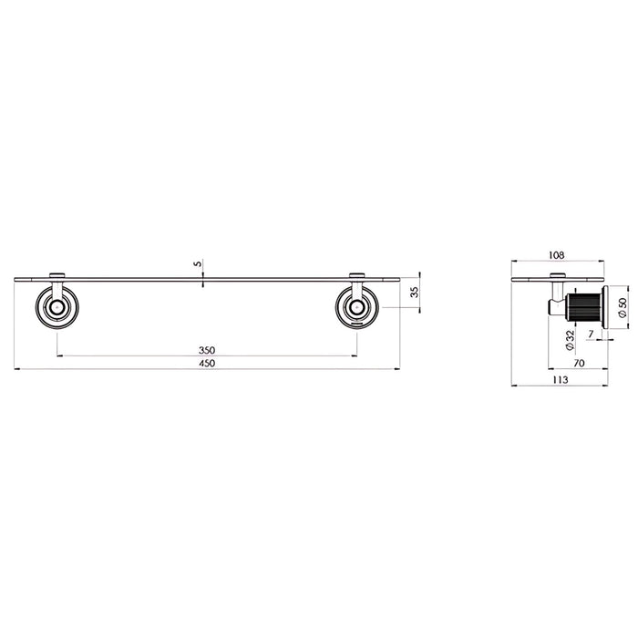 Technical Drawing Phoenix Wiltern Glass Shelf 450mm Brushed Carbon 144-8600-31 - The Blue Space