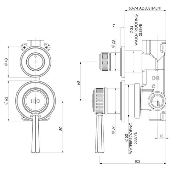 Technical Drawing Phoenix Wiltern SwitchMix Shower / Bath Diverter Mixer (Fit-Off Kit Only) - Chrome 144-2940-00-1 - The Blue Space