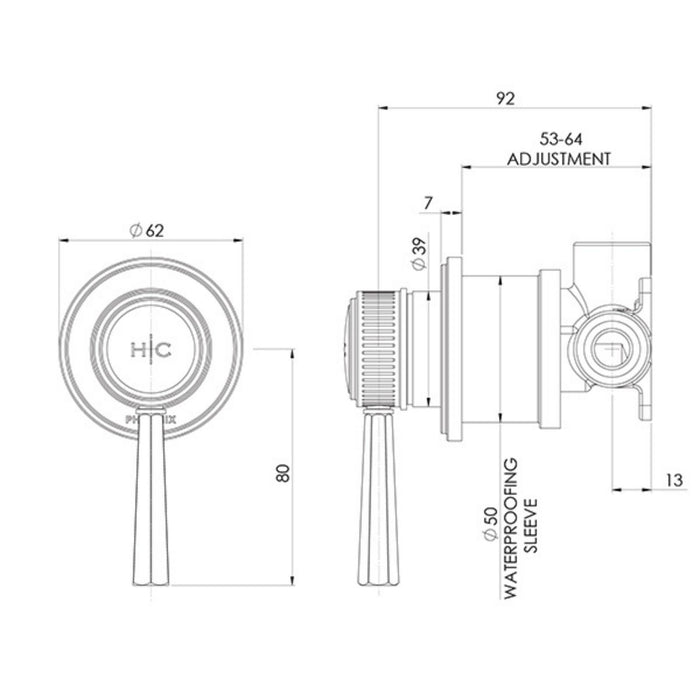 Technical Drawing Phoenix Wiltern SwitchMix Shower / Wall Mixer (Fit-Off Kit Only) - Brushed Gold 144-2805-12-1 - The Blue Space