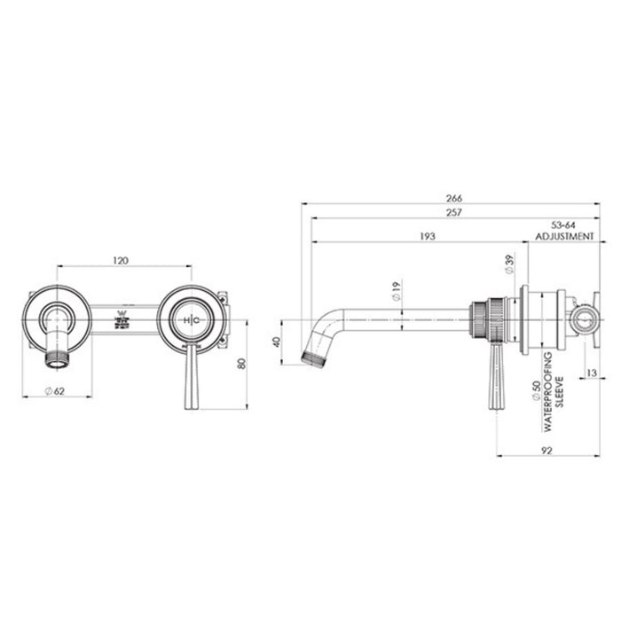 Technical Drawing Phoenix Wiltern SwitchMix Wall Basin / Bath Mixer Set 190mm (Fit-Off Kit Only) - Chrome 144-2812-00-1 - The Blue Space