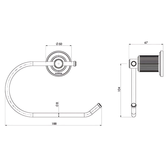 Technical Drawing Phoenix Wiltern Toilet Roll Holder Brushed Nickel 144-8200-40 - The Blue Space