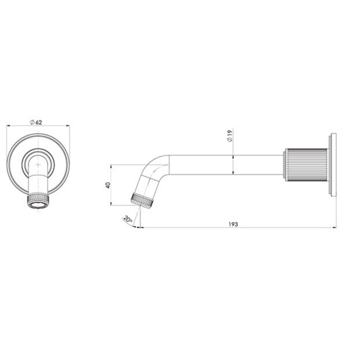 Technical Drawing Phoenix Wiltern Wall Basin / Bath Outlet 190mm - Brushed Nickel 144-7610-40-1 - The Blue Space