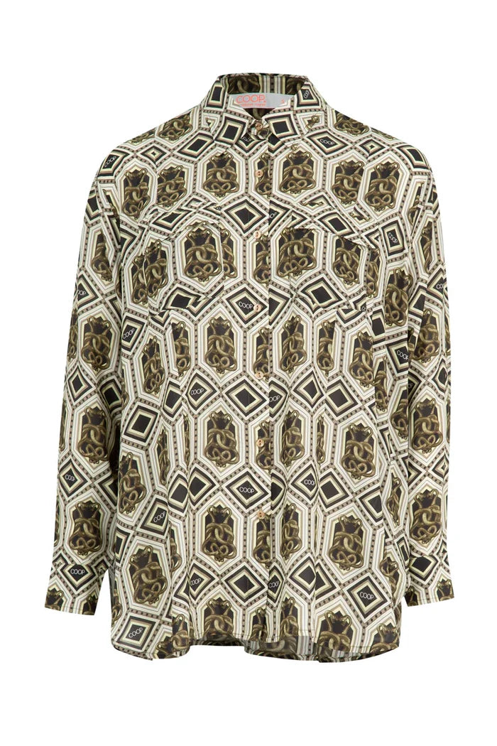 Patterned shirt with geometric design on a white background