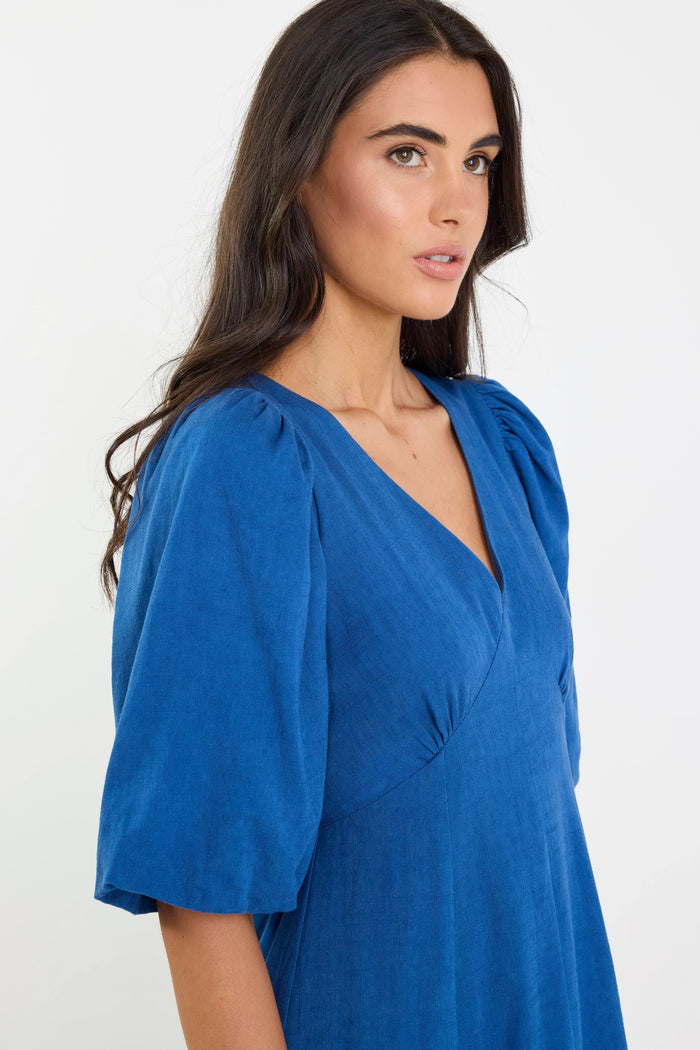 Port True Blue Mid Sleeve V Neck Midi Dress