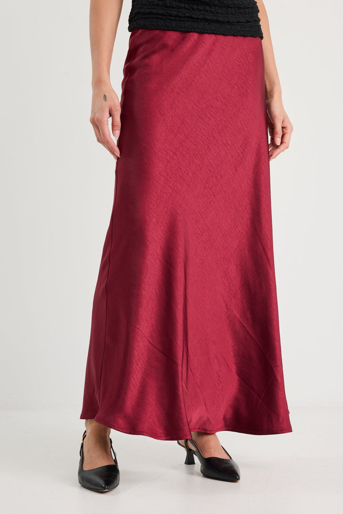 Preserve Burgundy Satin Floaty Bias Midi Skirt