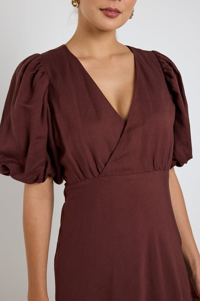 model wears a brown linen puff sleeve maxi dress