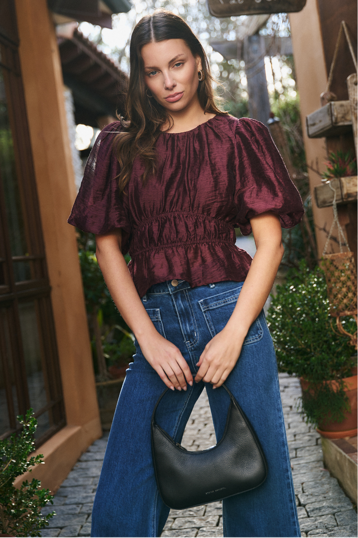 Prompt Burgundy Plum Bubble Sleeve Top