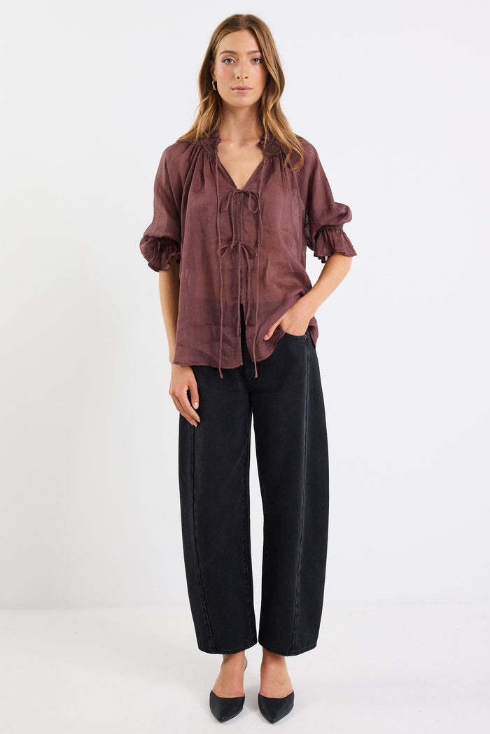 Prospect Chocolate Tie Front Mid Sleeve Top