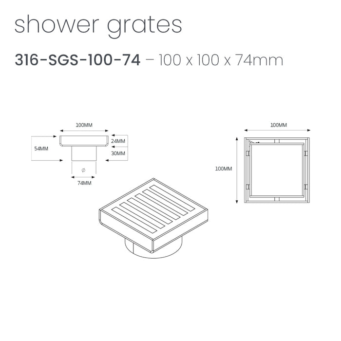 Technical Drawing Radiant Square Slotted Floor Grate (Gun Metal Grey) 100mm x 100mm (74mm Outlet) 316-GMG-SGS-100-74 - The Blue Space