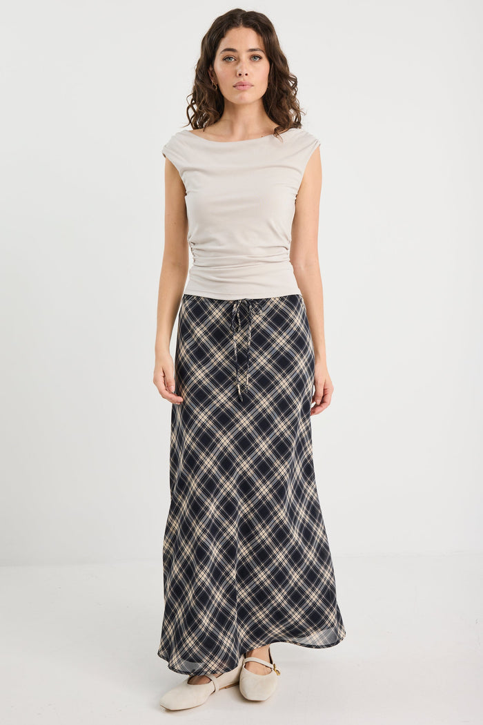 Rally Black Check Chiffon Tie Waist Bias Maxi Skirt