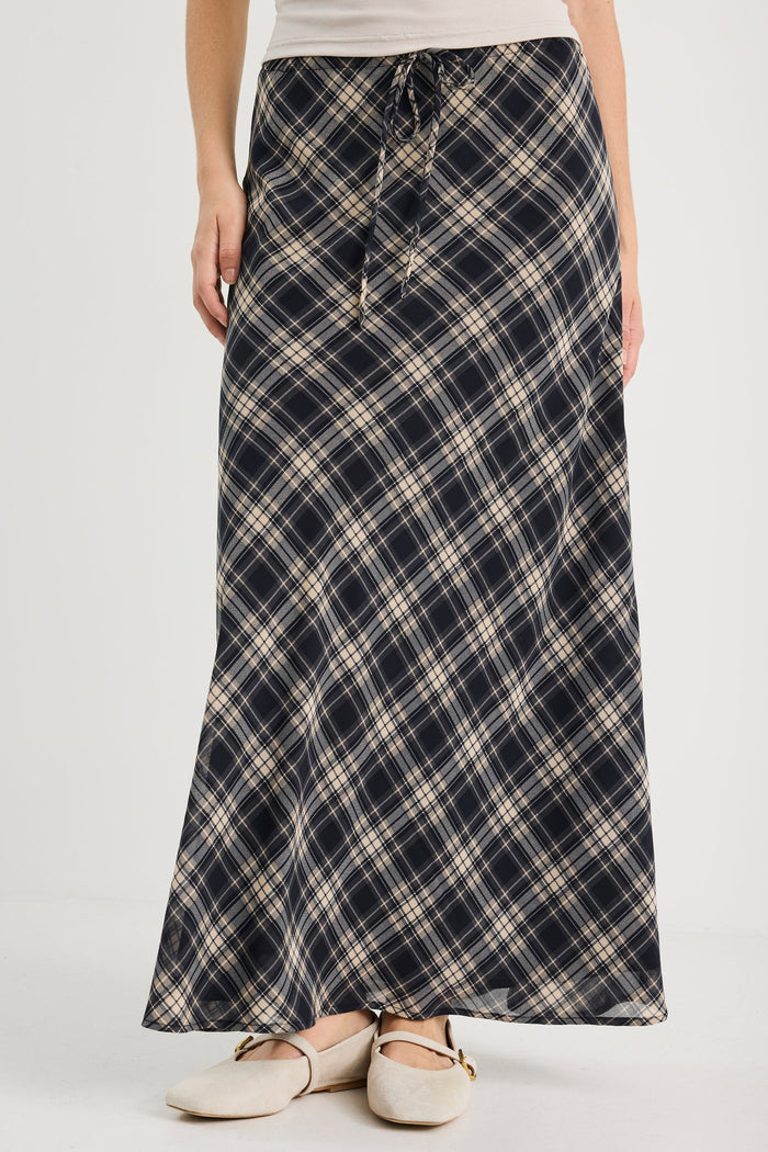 Rally Black Check Chiffon Tie Waist Bias Maxi Skirt