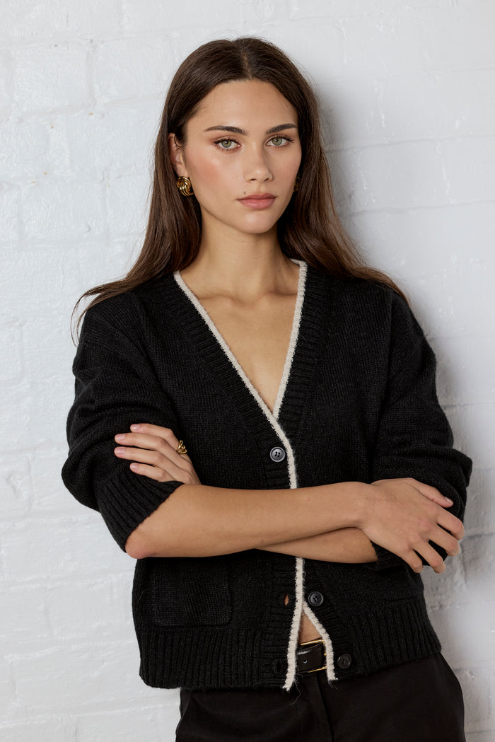 Rapport Black V Neck Contrast Edge Cardigan