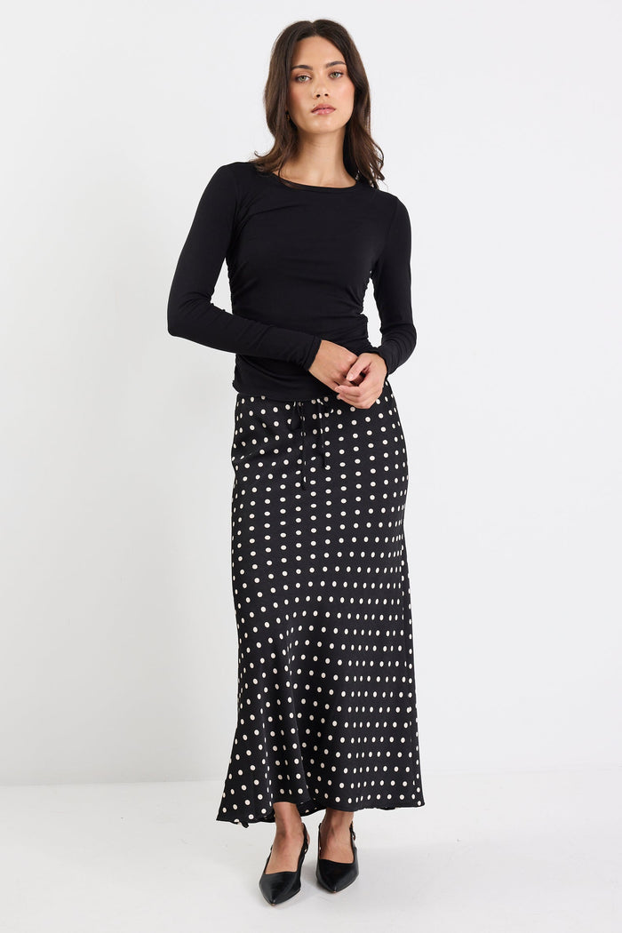 Rarity Black White Polka Dot Satin Tie Waist Bias Maxi Skirt
