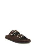 A dark brown double-strap slide sandal with large silver-tone buckle details, shown from a three-quarters angle on a plain white background.