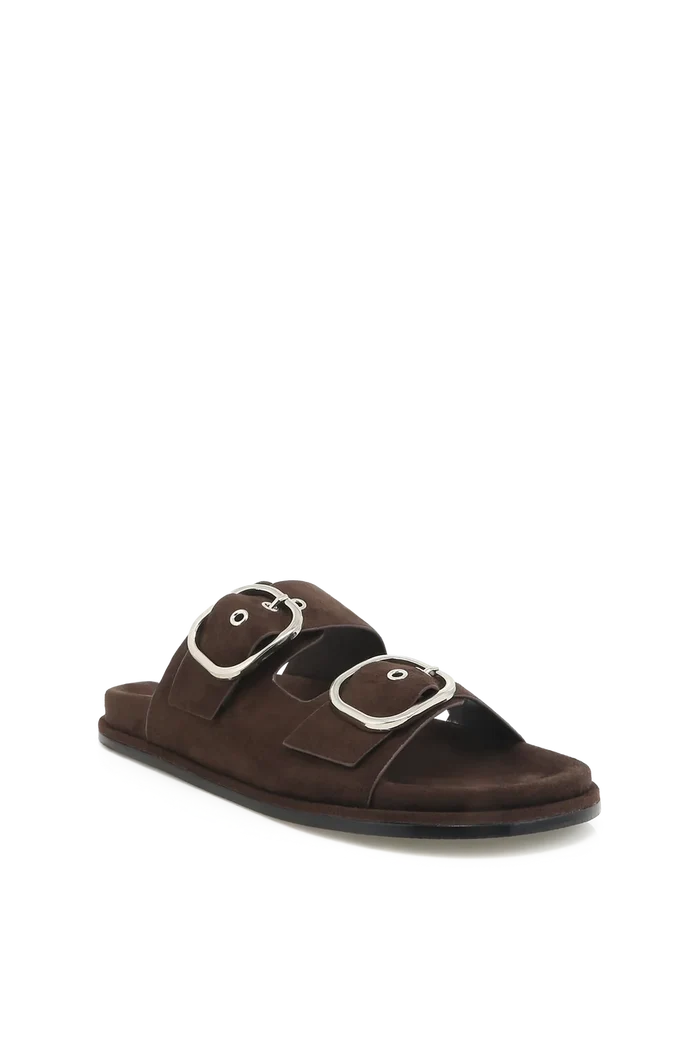A dark brown double-strap slide sandal with large silver-tone buckle details, shown from a three-quarters angle on a plain white background.