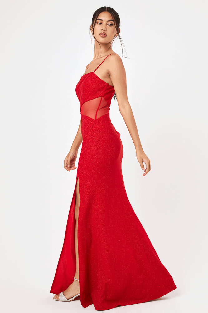 Red Side Cut-Out Glitter Gown