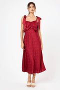 Red Tie Shoulder Ruffle Midi Dress
