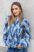 Required Sky Blue Floral LS Shirred Bodice Top