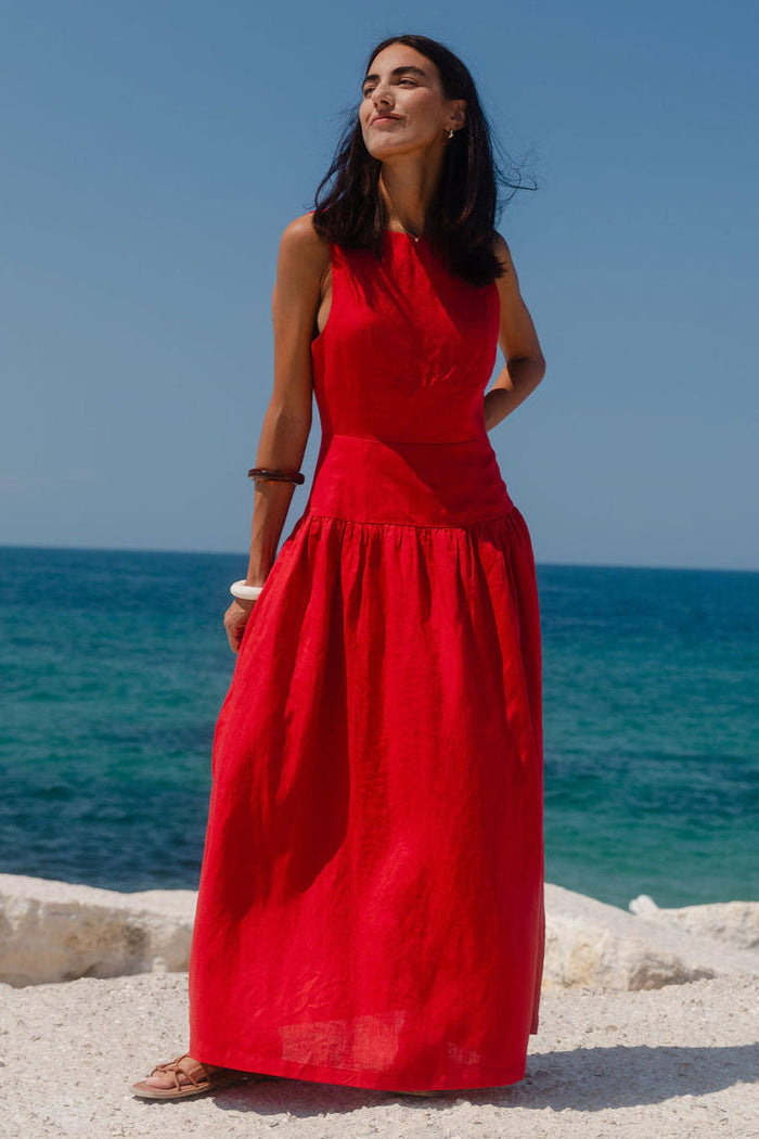 Results Red Linen Structured Sleeveless Maxi Dress