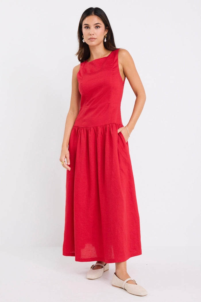 Results Red Linen Structured Sleeveless Maxi Dress