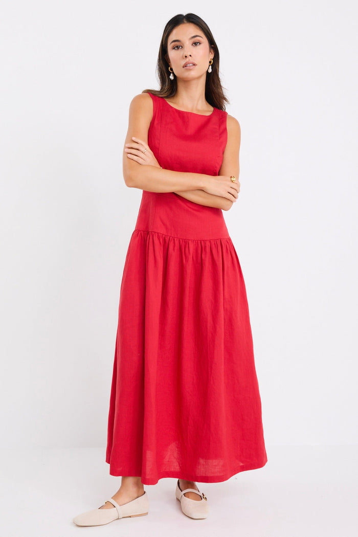 Results Red Linen Structured Sleeveless Maxi Dress