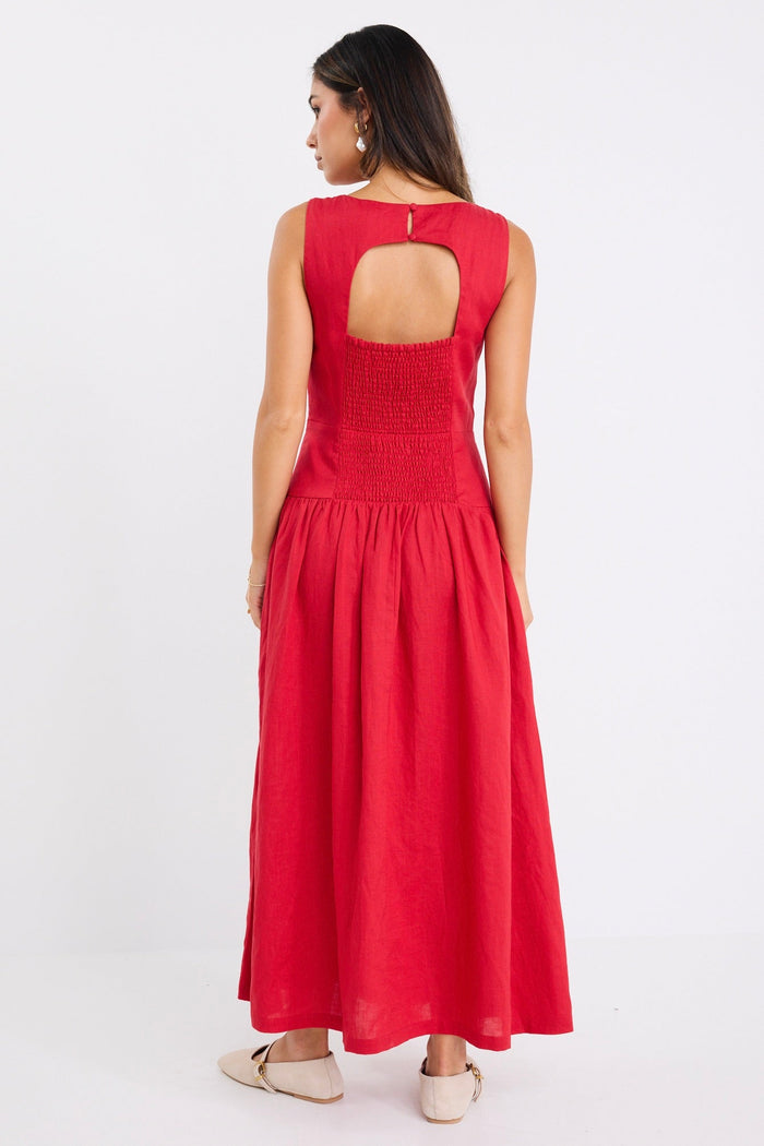 Results Red Linen Structured Sleeveless Maxi Dress