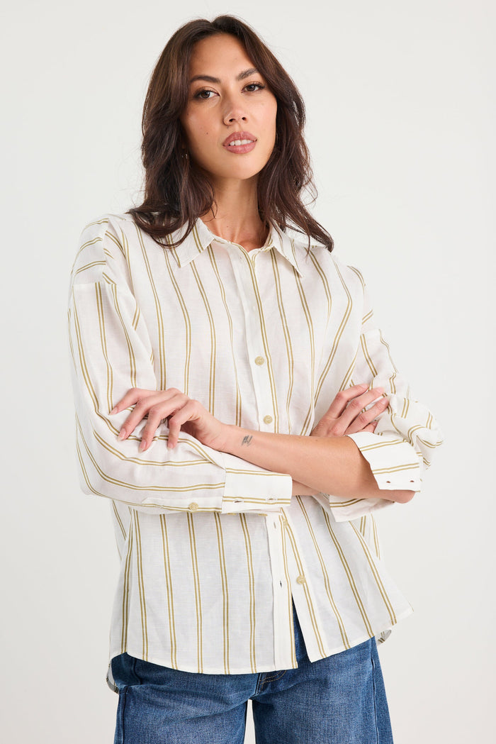 Reveal Khaki Stripe Tie Back Shirt