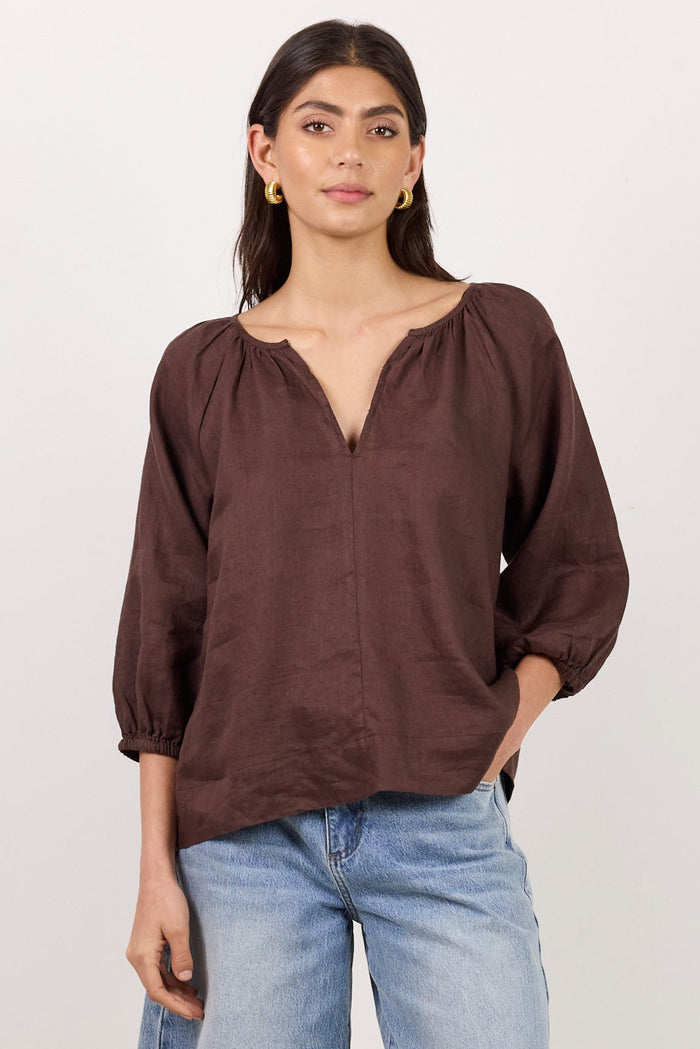 A woman modeling a dark brown long-sleeve blouse with a split neckline and light-wash denim cutoff shorts against a plain white studio background.
