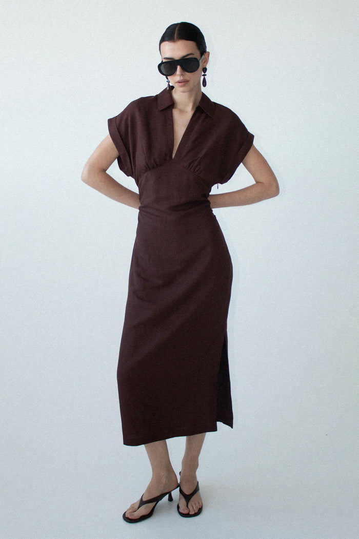 Rhodes Chocolate Button Through Linen Blend SS Midi Dress