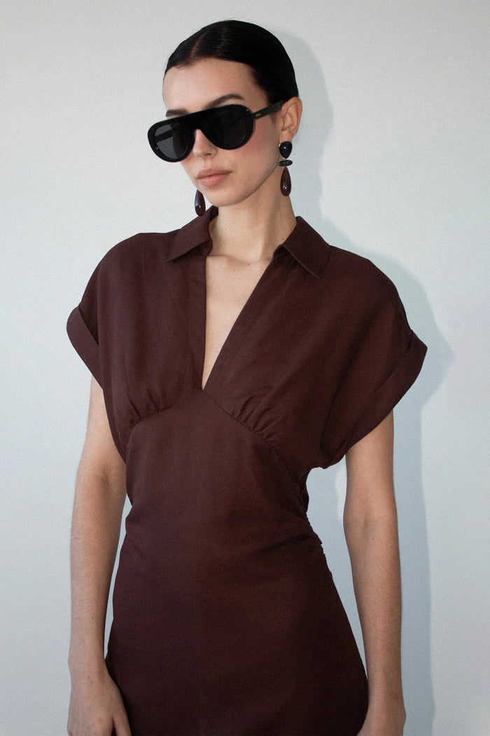 Rhodes Chocolate Button Through Linen Blend SS Midi Dress