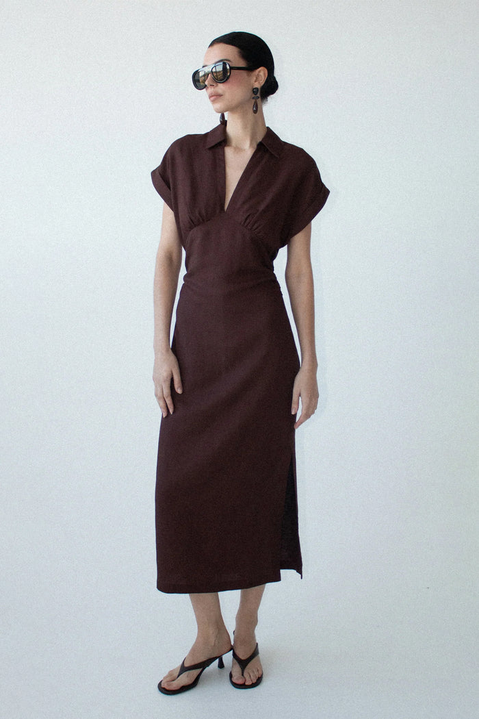 Rhodes Chocolate Button Through Linen Blend SS Midi Dress