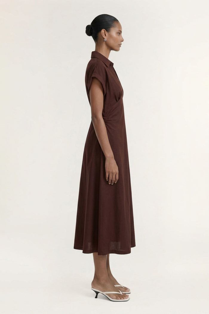 Rhodes Chocolate Button Through Linen Blend SS Midi Dress