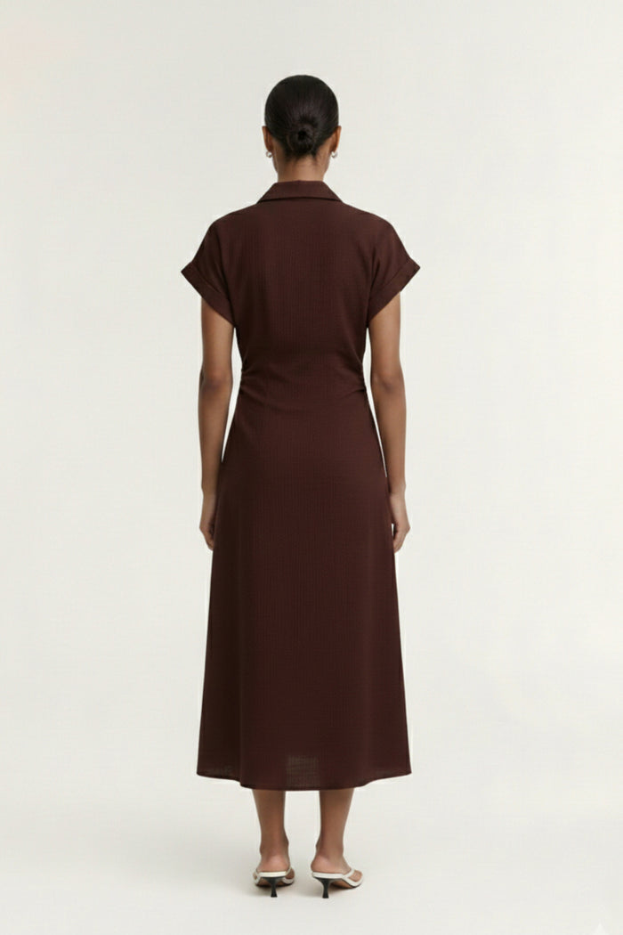 Rhodes Chocolate Button Through Linen Blend SS Midi Dress