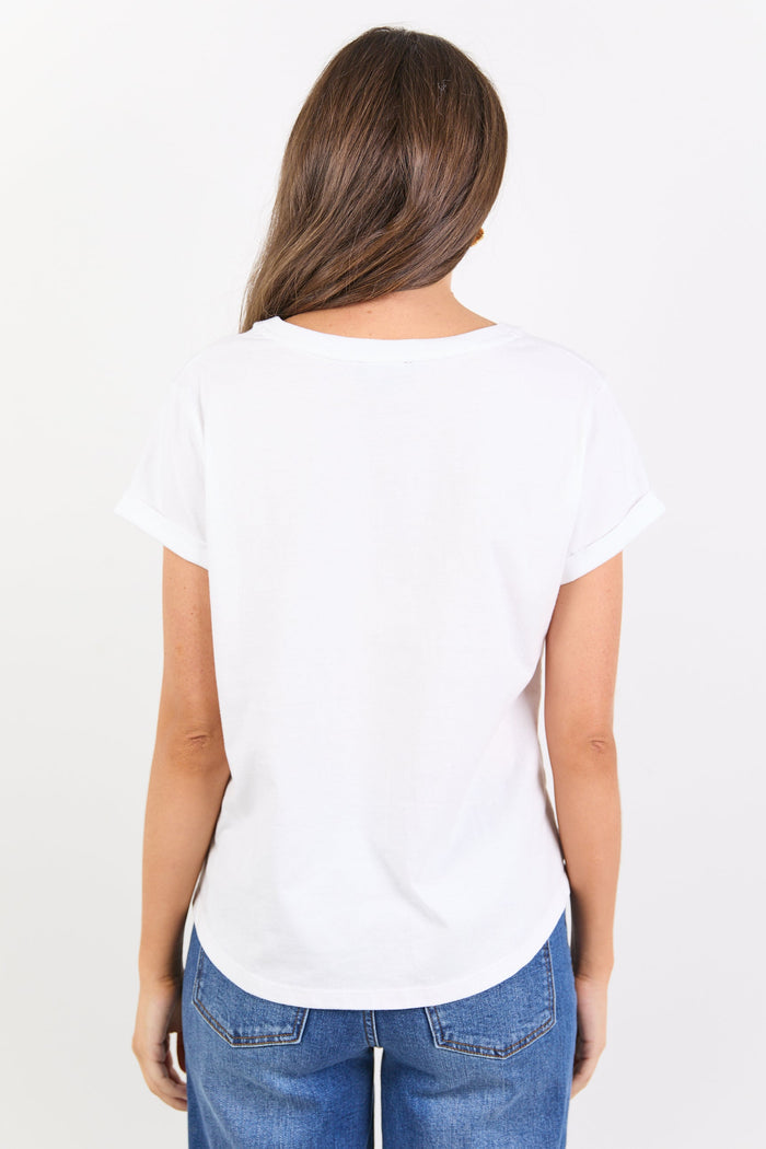 Person wearing a white t-shirt and blue jeans on a plain background