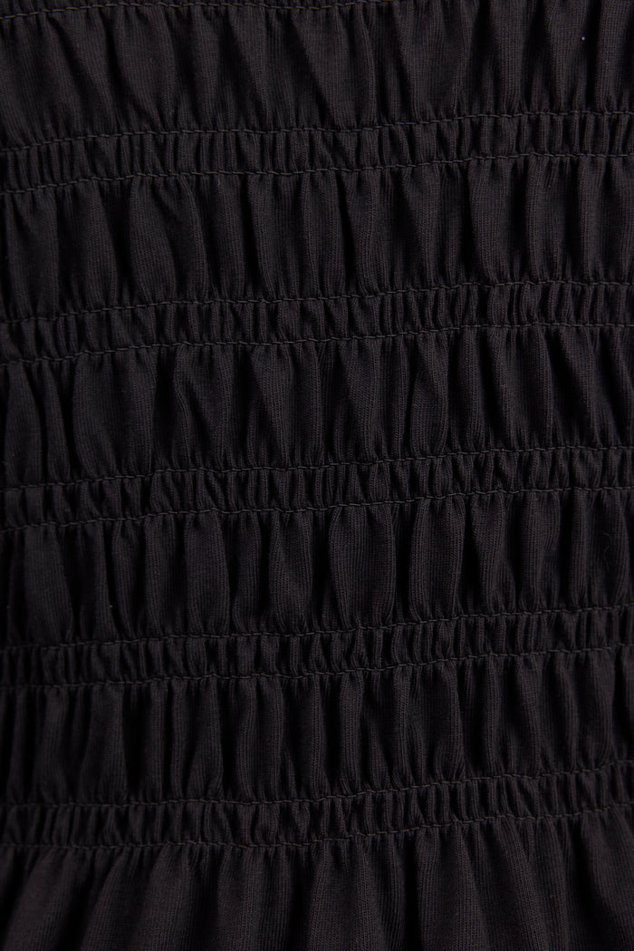 Close-up of a black smocked fabric with horizontal gathered stitching.