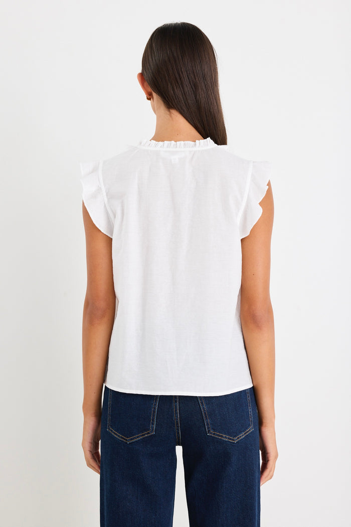 Woman wearing a sleeveless white blouse with ruffle detailing down the front and mixed buttons, paired with dark denim jeans.
@col_pattern