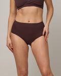 Model wearing Roam High Waist Bikini in Espresso, a dark brown color. Roam High Waist Bikini is a merino wool underwear available in sizes XS-3X.